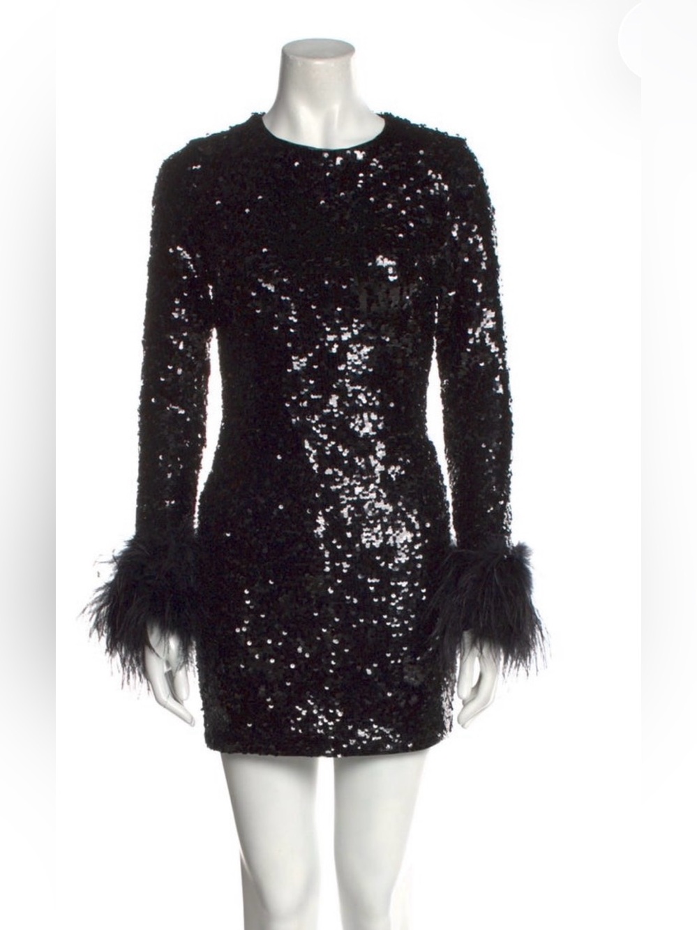 Alice + Olivia Black Sequin Mini Dress with Feather Cuffs Sz.XS
